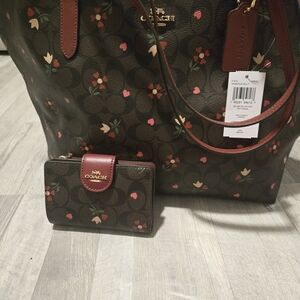 Coach Dark Brown Floral Tote and Wallet Set